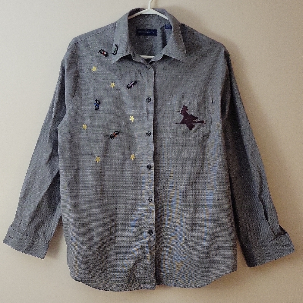 Gray Patterned Shirt with Embroidered Halloween Details By Karen Scott
